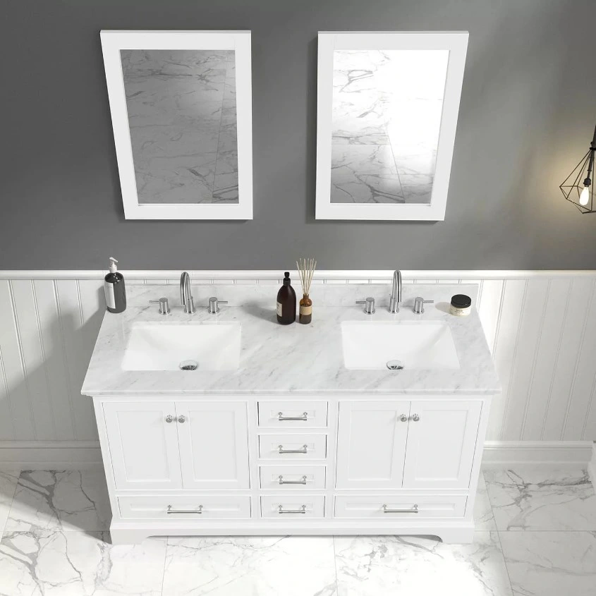 Wholesale Modern Style Double Sinks Free-Standing Bathroom Vanity Cabinet Unites Makeup Mirror with Ceramics Top and LED Mirror Furniture