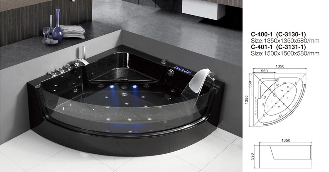 Bathroom Tub Black Acrylic Massage Bathtub Price with Jacuzzi and Tempered Glass