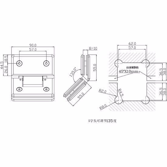 Accesorios de baño con bisagra ajustable de latón de 135 grados