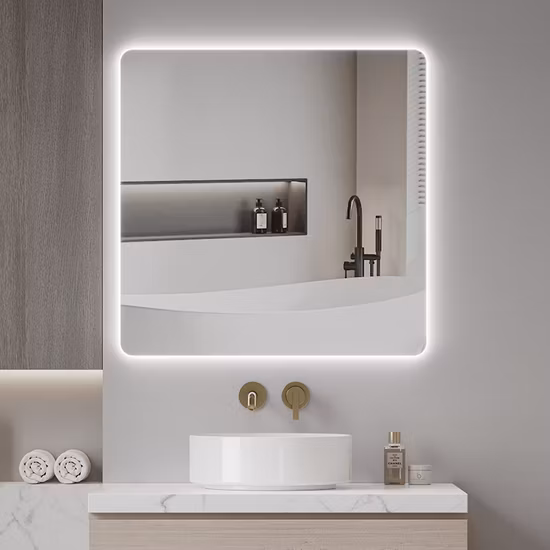 Venta al por mayor Decoración del hogar Espejos de vidrio colgados en la pared Smart Home LED Espejo de muebles de baño